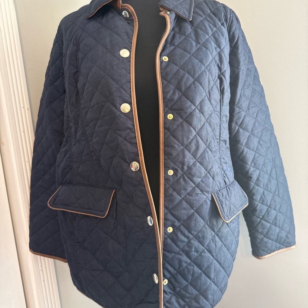 Chico's Blue and Tan Puffer Jacket with Quilted Design Size 2 - Picture 3 of 16